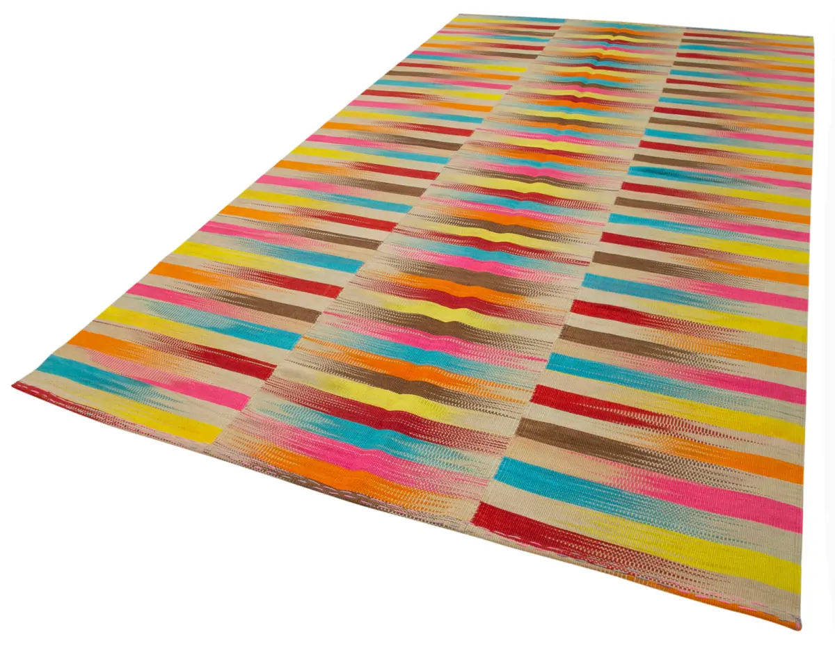 Gümgüm Modern Multi Pamuk Üstü Yün El Dokuma Kilim-198x363 - Görsel 3