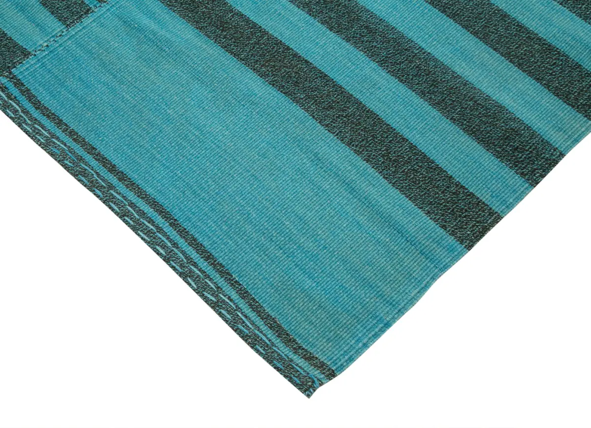 Gümgüm Modern Turkuaz Pamuk Üstü Yün El Dokuma Kilim-206x352 - Görsel 4