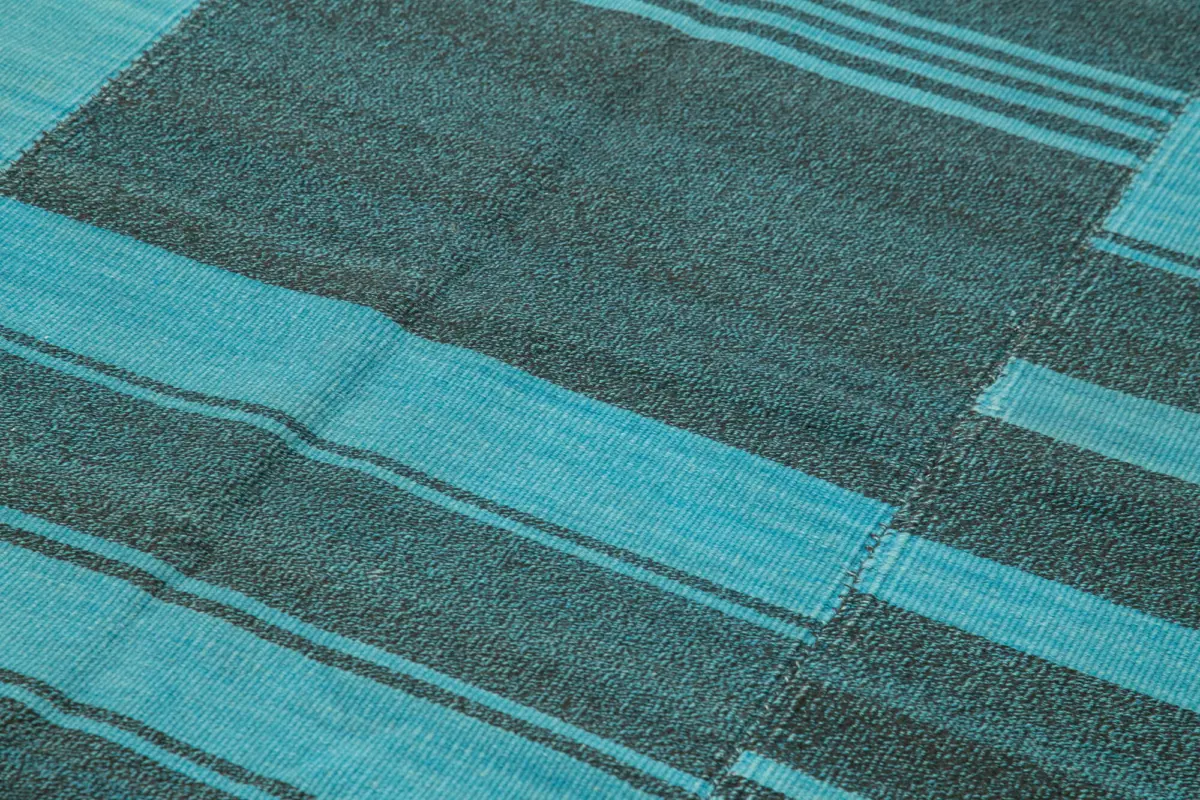 Gümgüm Modern Turkuaz Pamuk Üstü Yün El Dokuma Kilim-206x352 - Görsel 5