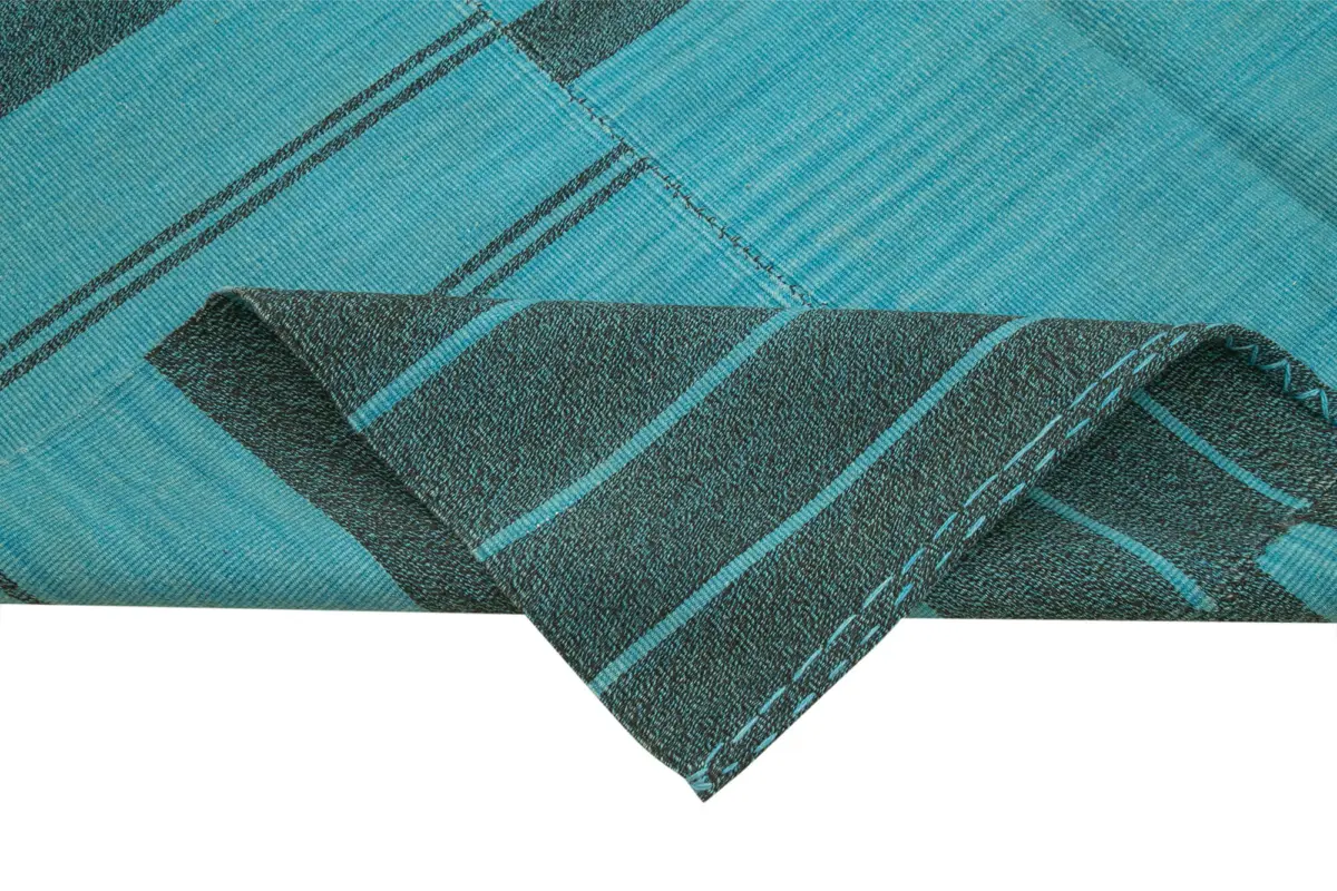 Gümgüm Modern Turkuaz Pamuk Üstü Yün El Dokuma Kilim-206x352 - Görsel 6