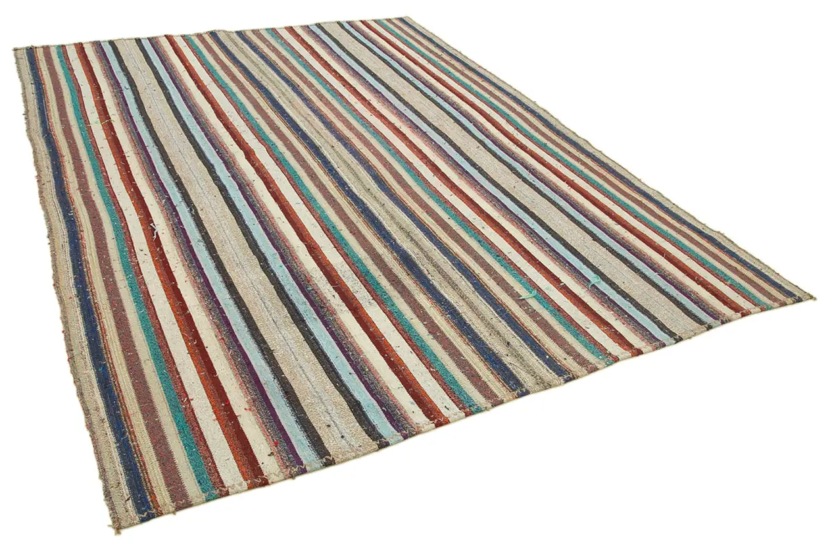 Chaput Çizgili Multi Renk Pamuk Üzerine Yün El Dokuma Kilim-223x300 - Görsel 2