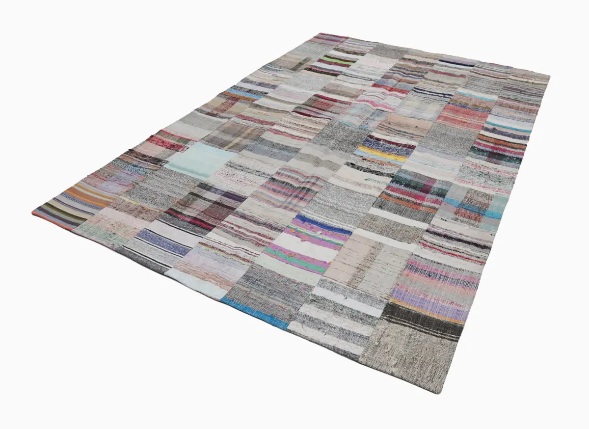 Chaput Patchwork Bej Renk Pamuk Üzerine Yün El Dokuma Kilim-202x300 - Görsel 2