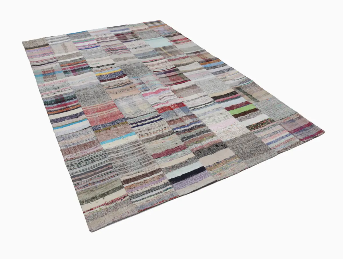 Chaput Patchwork Bej Renk Pamuk Üzerine Yün El Dokuma Kilim-202x300 - Görsel 3