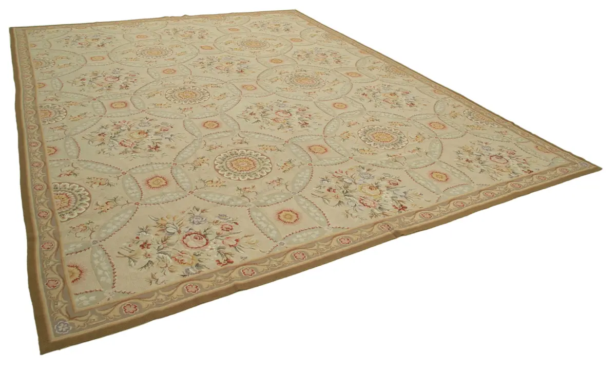 Needlepoint Bej Pamuk Üzerine Yün El Dokuma Halı-346x449 - Görsel 2