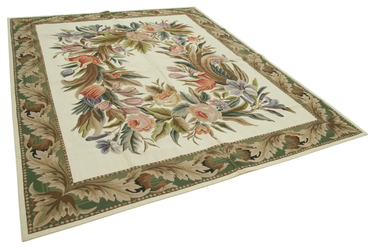 Needlepoint Bej Pamuk Üzerine Yün El Dokuma Halı-241x304 - Görsel 2