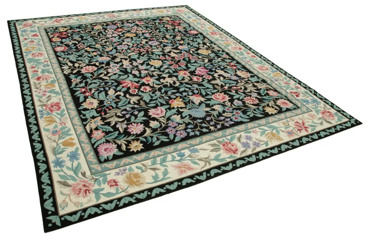 Needlepoint Siyah Pamuk Üzerine Yün El Dokuma Halı-237x303 - Görsel 2