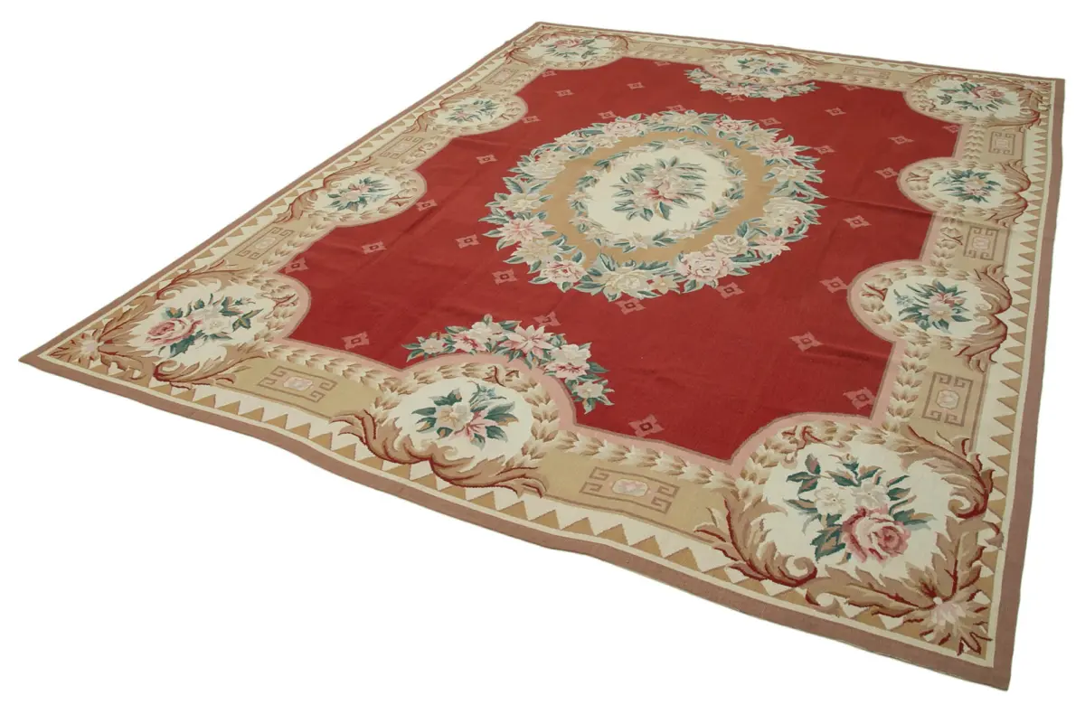 Needlepoint Bej Pamuk Üzerine Yün El Dokuma Halı-243x305 - Görsel 3