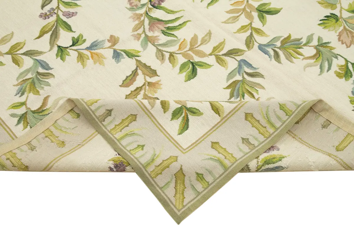 Needlepoint Bej Pamuk Üzerine Yün El Dokuma Halı-184x278 - Görsel 6