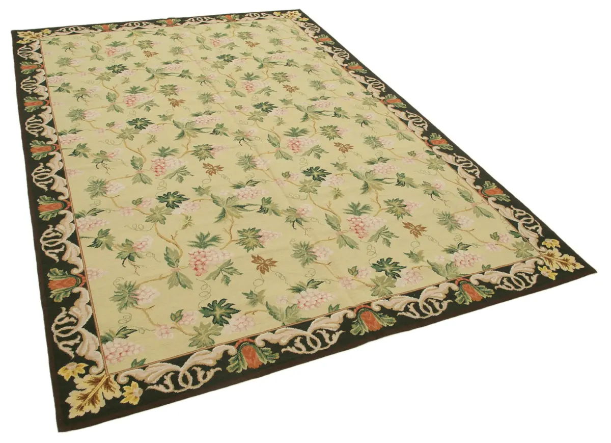 Needlepoint Bej Pamuk Üzerine Yün El Dokuma Halı-182x270 - Görsel 2