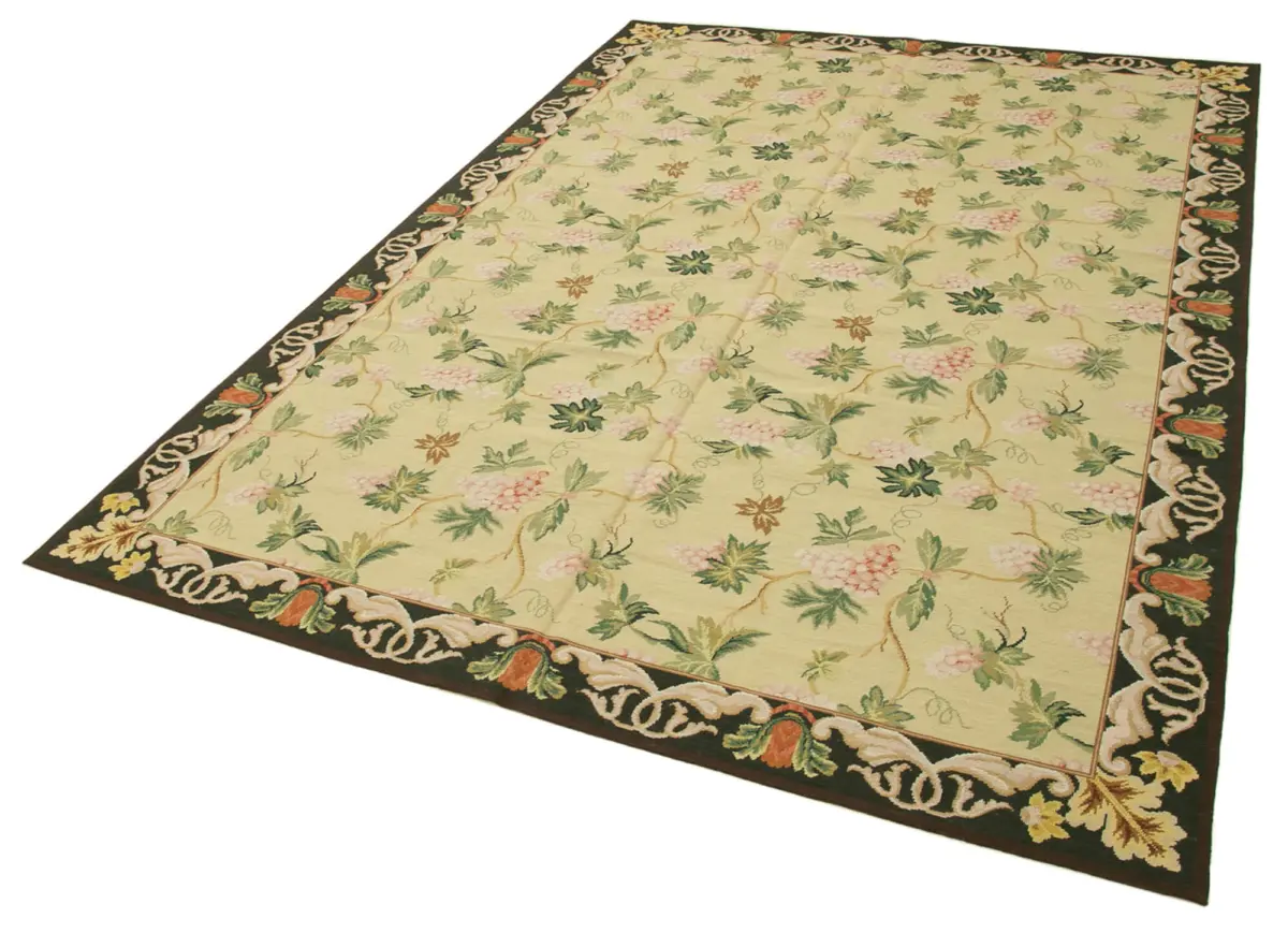 Needlepoint Bej Pamuk Üzerine Yün El Dokuma Halı-182x270 - Görsel 3