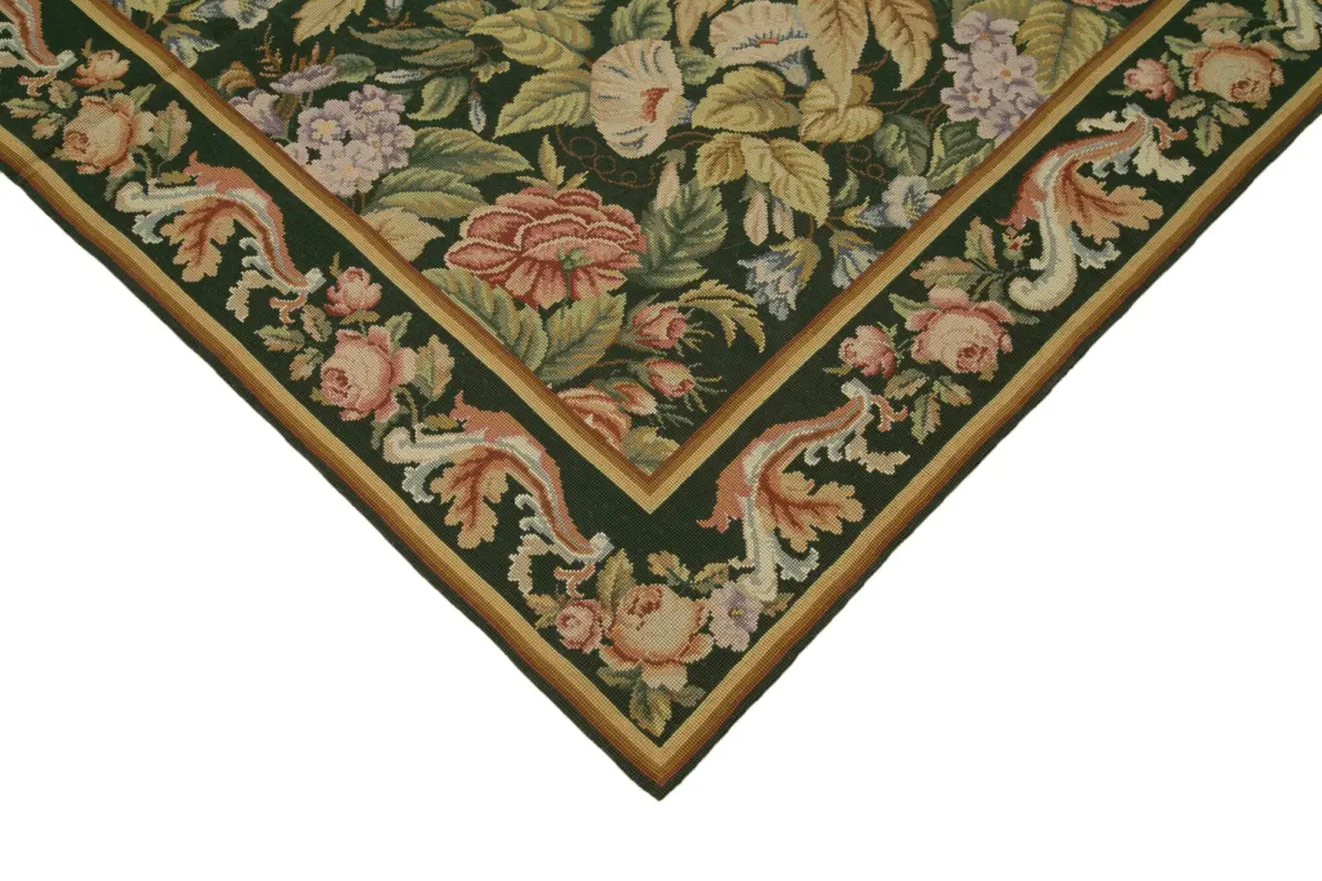 Needlepoint Yeşil Pamuk Üzerine Yün El Dokuma Halı-170x256 - Görsel 4