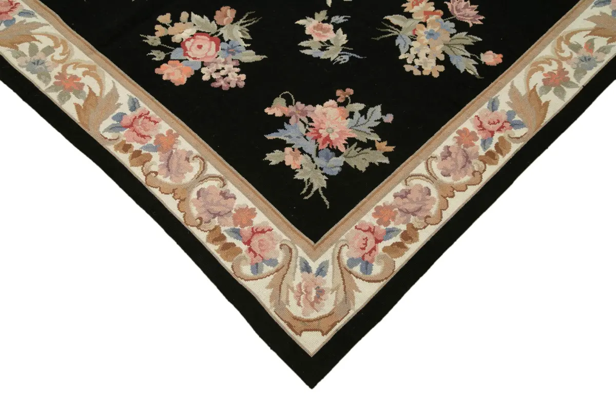 Needlepoint Siyah Pamuk Üzerine Yün El Dokuma Halı-180x275 - Görsel 4