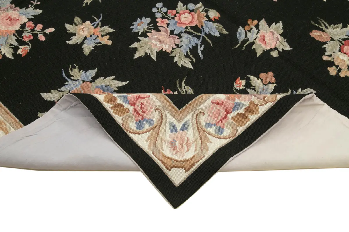 Needlepoint Siyah Pamuk Üzerine Yün El Dokuma Halı-180x275 - Görsel 6