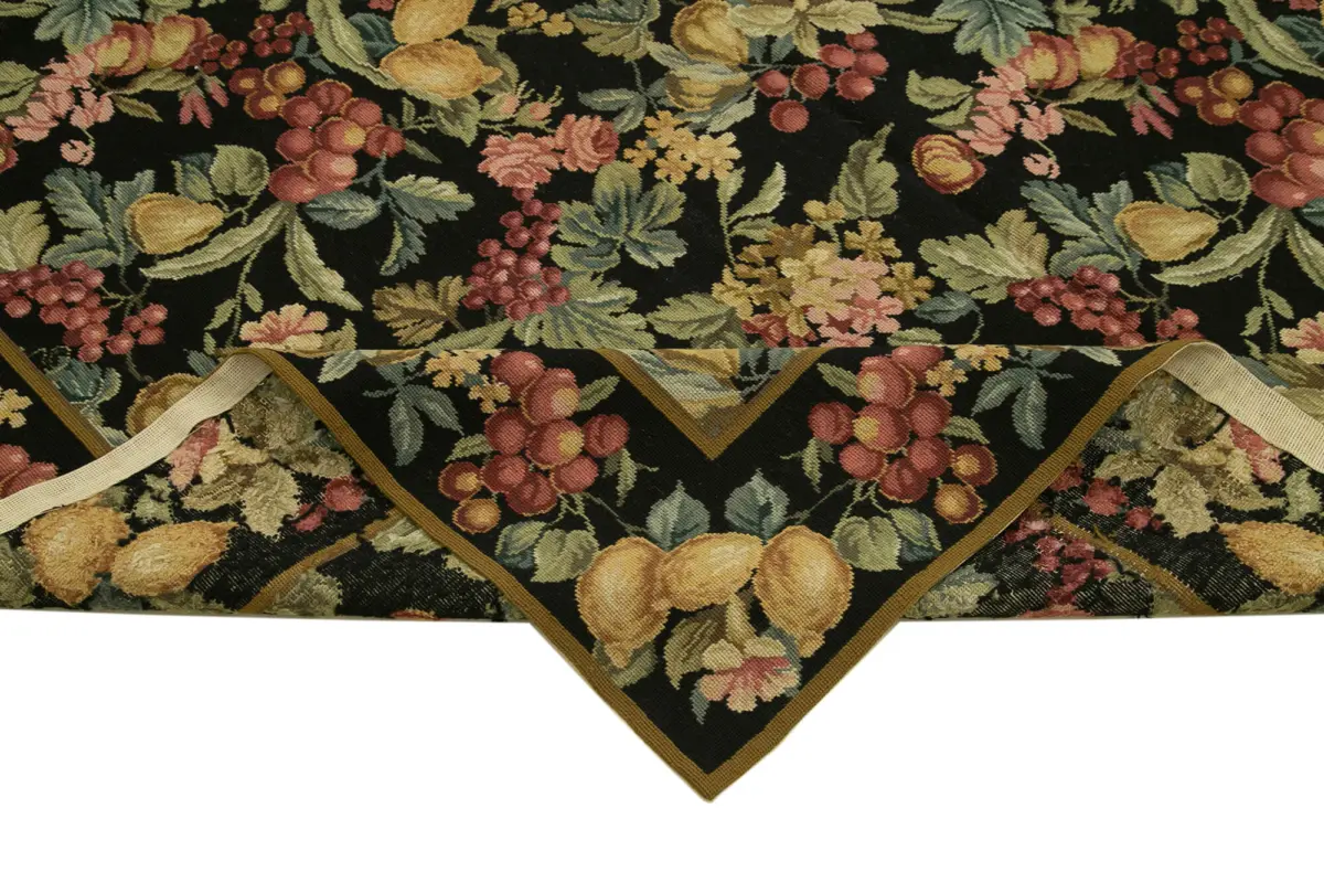 Needlepoint Siyah Pamuk Üzerine Yün El Dokuma Halı-183x275 - Görsel 6