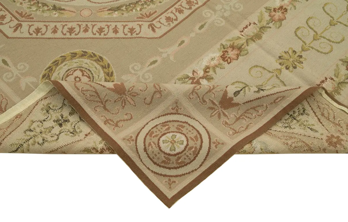 Needlepoint Bej Pamuk Üzerine Yün El Dokuma Halı-184x276 - Görsel 6