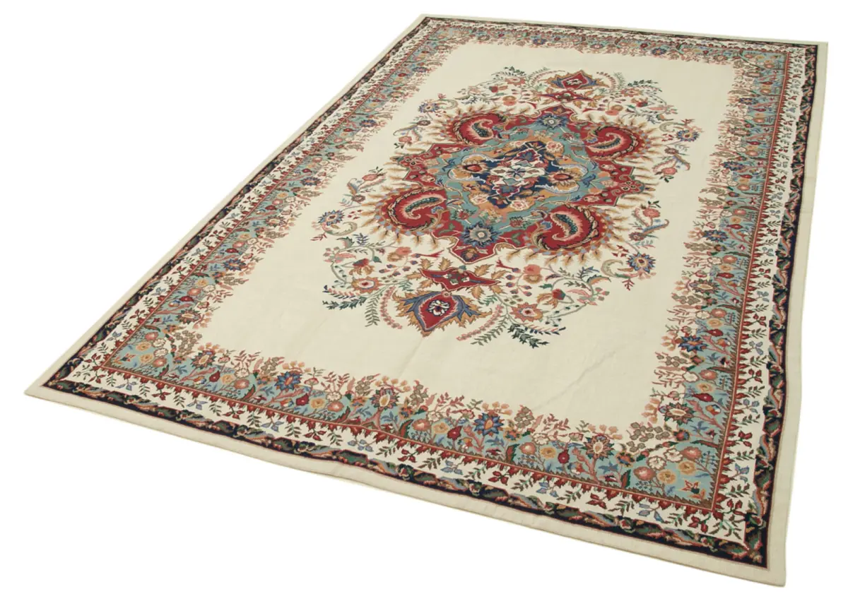 Needlepoint Bej Pamuk Üzerine Yün El Dokuma Halı-167x260 - Görsel 3