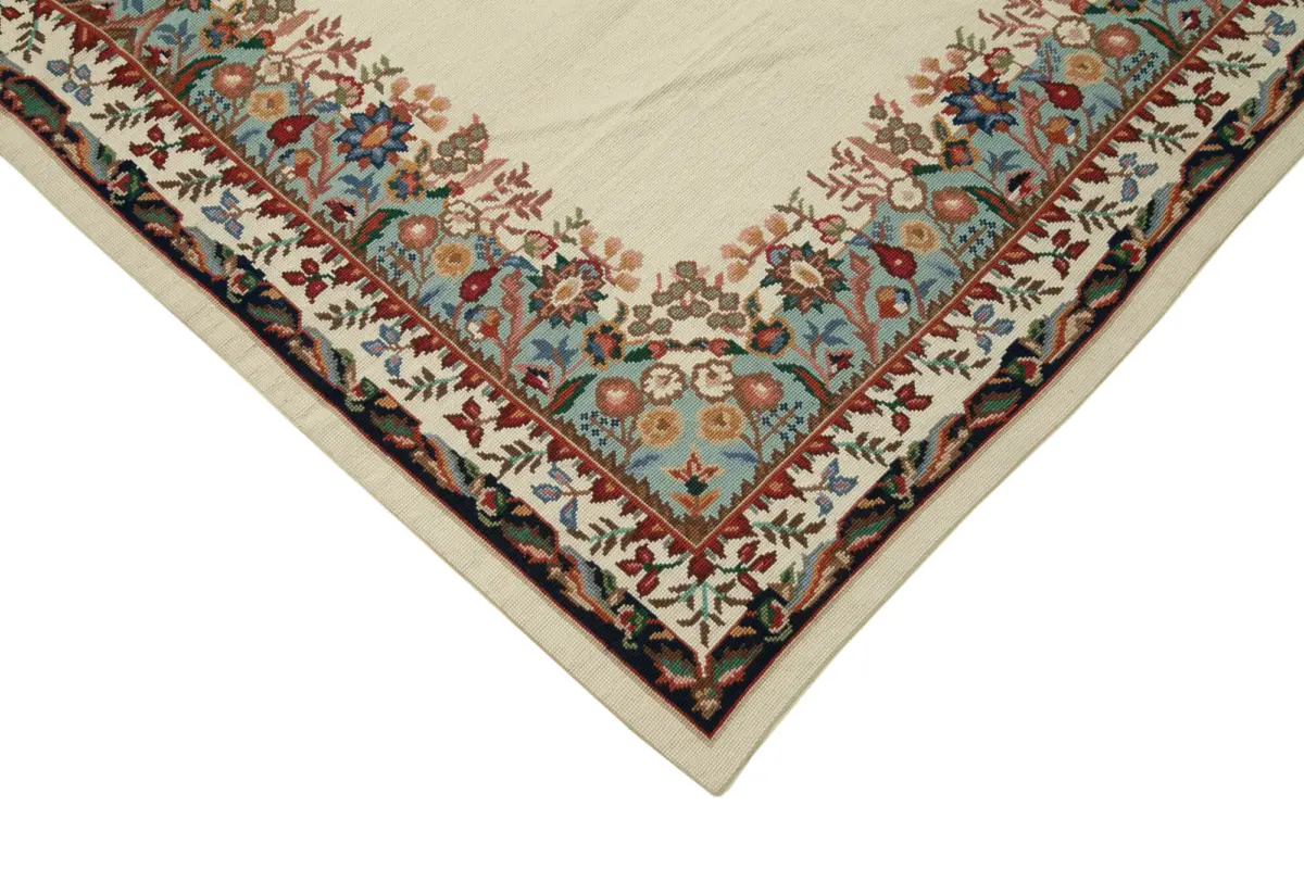 Needlepoint Bej Pamuk Üzerine Yün El Dokuma Halı-167x260 - Görsel 4