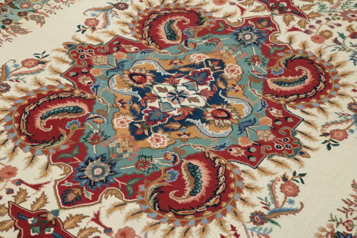 Needlepoint Bej Pamuk Üzerine Yün El Dokuma Halı-167x260 - Görsel 5