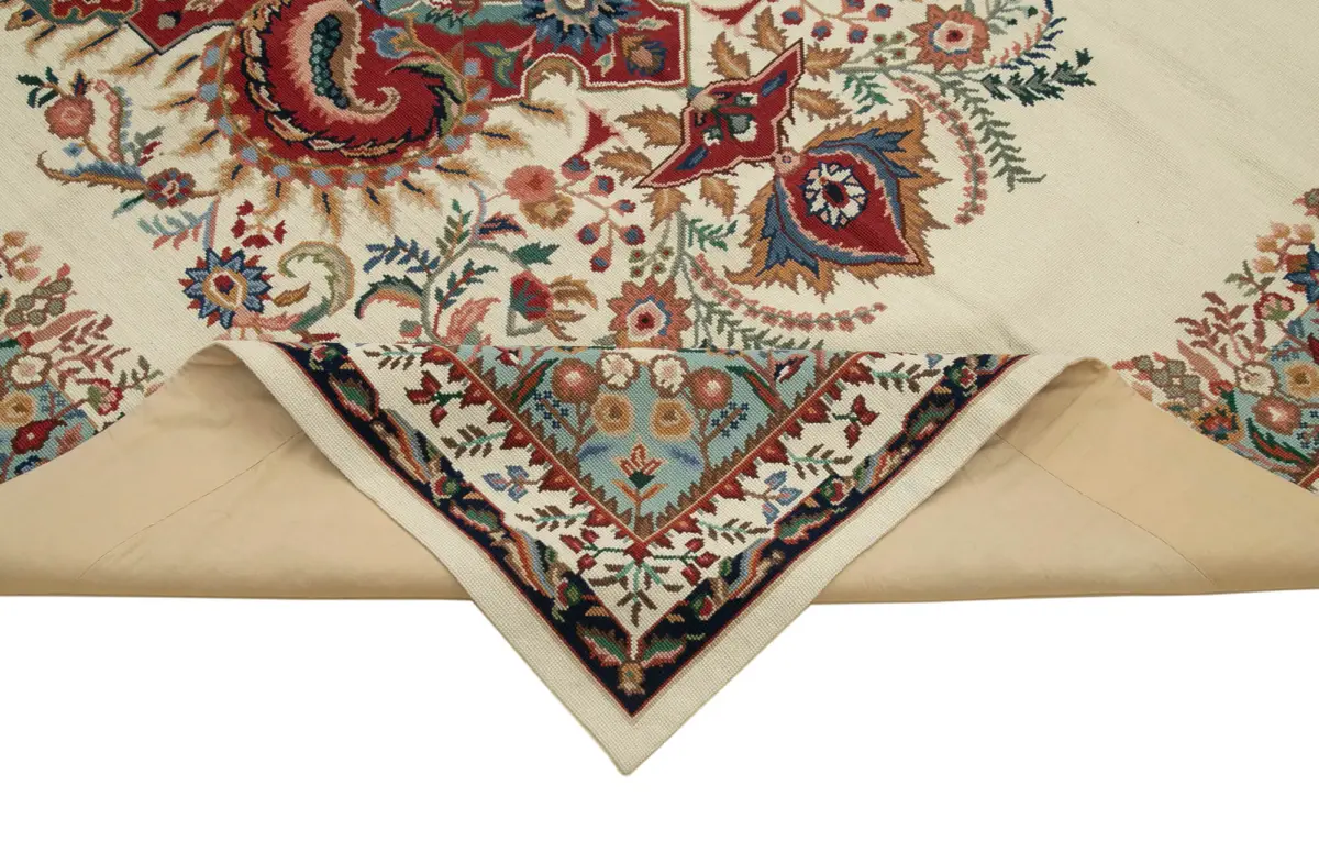 Needlepoint Bej Pamuk Üzerine Yün El Dokuma Halı-167x260 - Görsel 6