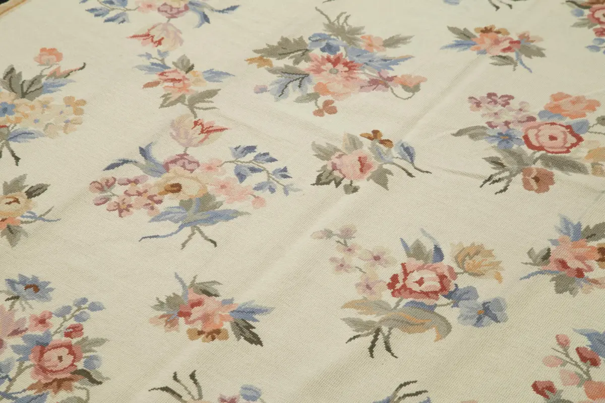 Needlepoint Bej Pamuk Üzerine Yün El Dokuma Halı-182x273 - Görsel 5