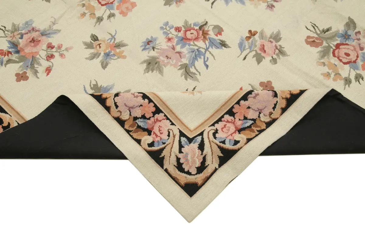 Needlepoint Bej Pamuk Üzerine Yün El Dokuma Halı-182x273 - Görsel 6