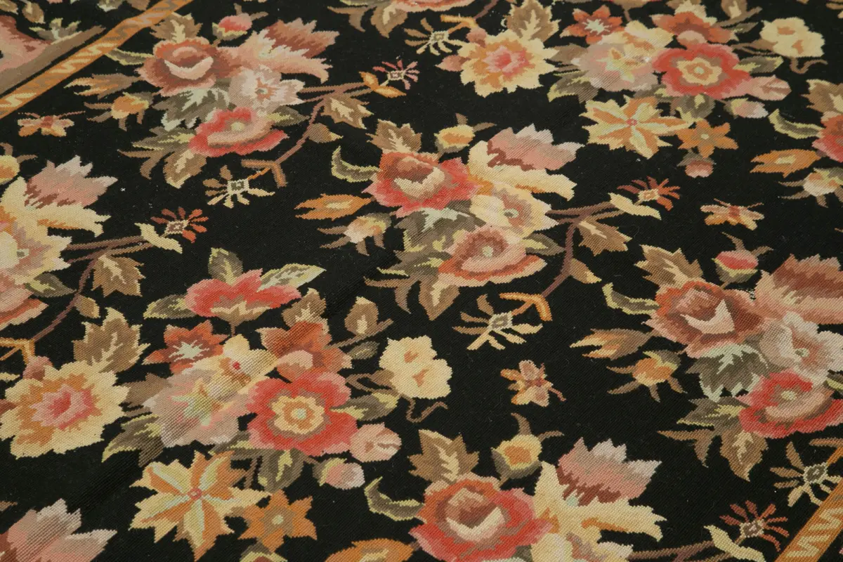 Needlepoint Siyah Pamuk Üzerine Yün El Dokuma Halı-183x274 - Görsel 5