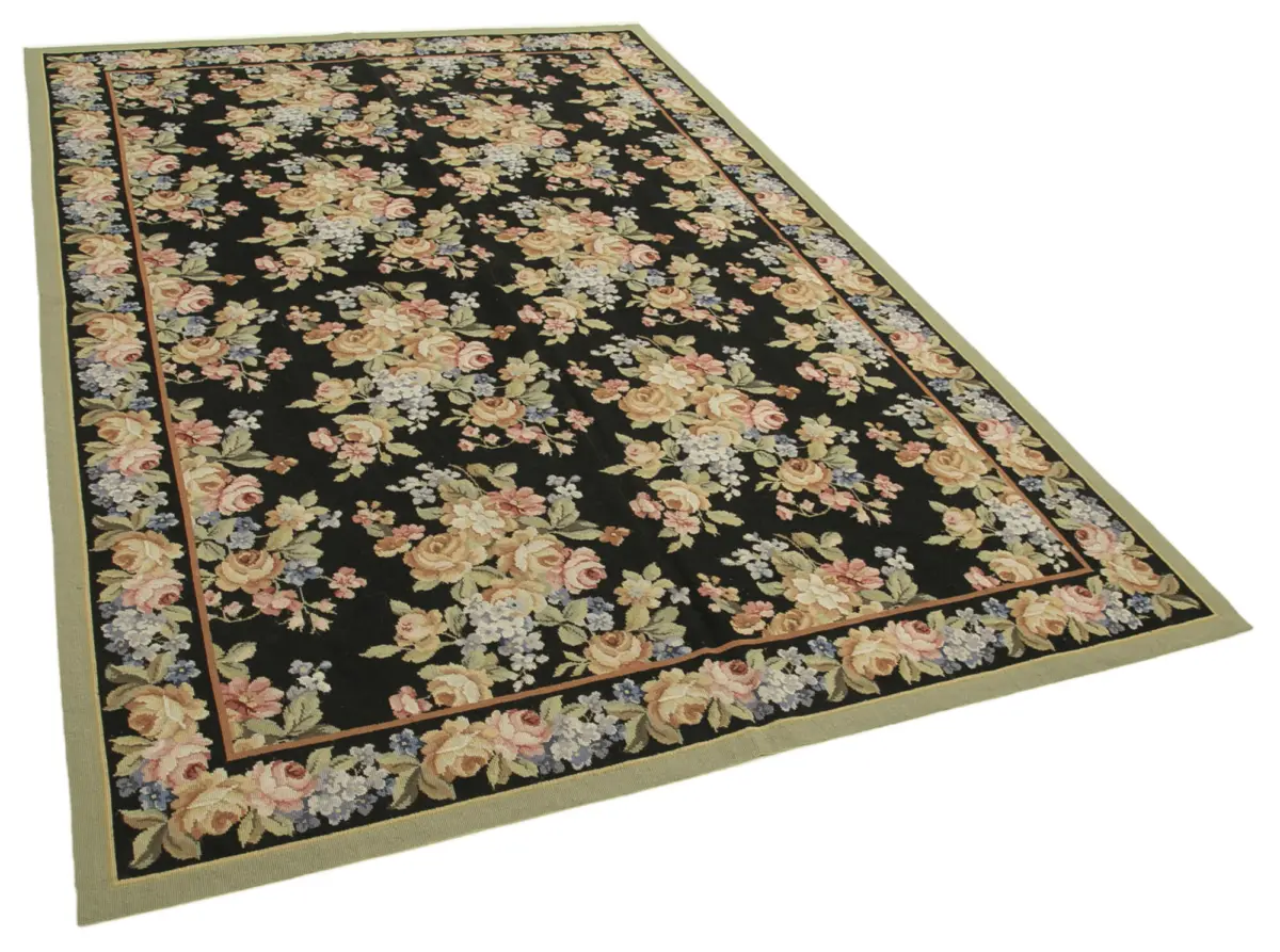 Needlepoint Siyah Pamuk Üzerine Yün El Dokuma Halı-180x272 - Görsel 2