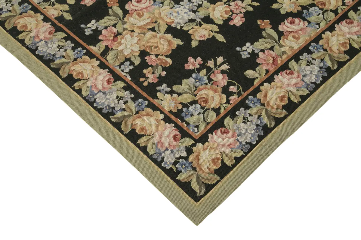 Needlepoint Siyah Pamuk Üzerine Yün El Dokuma Halı-180x272 - Görsel 4