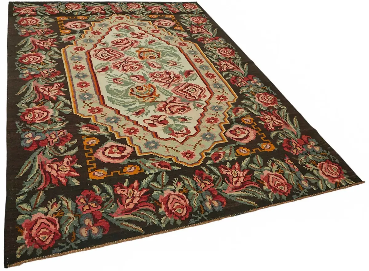 Moldovian Klasik Göbekli Siyah Pamuk Üzerine Yün El Dokuma Kilim-183x274 - Görsel 2