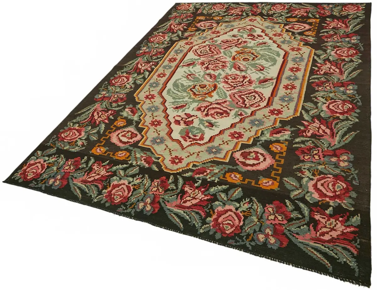 Moldovian Klasik Göbekli Siyah Pamuk Üzerine Yün El Dokuma Kilim-183x274 - Görsel 3