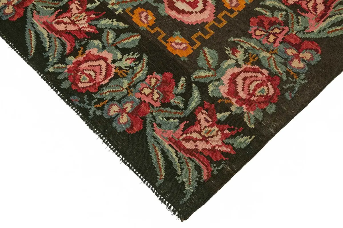 Moldovian Klasik Göbekli Siyah Pamuk Üzerine Yün El Dokuma Kilim-183x274 - Görsel 4