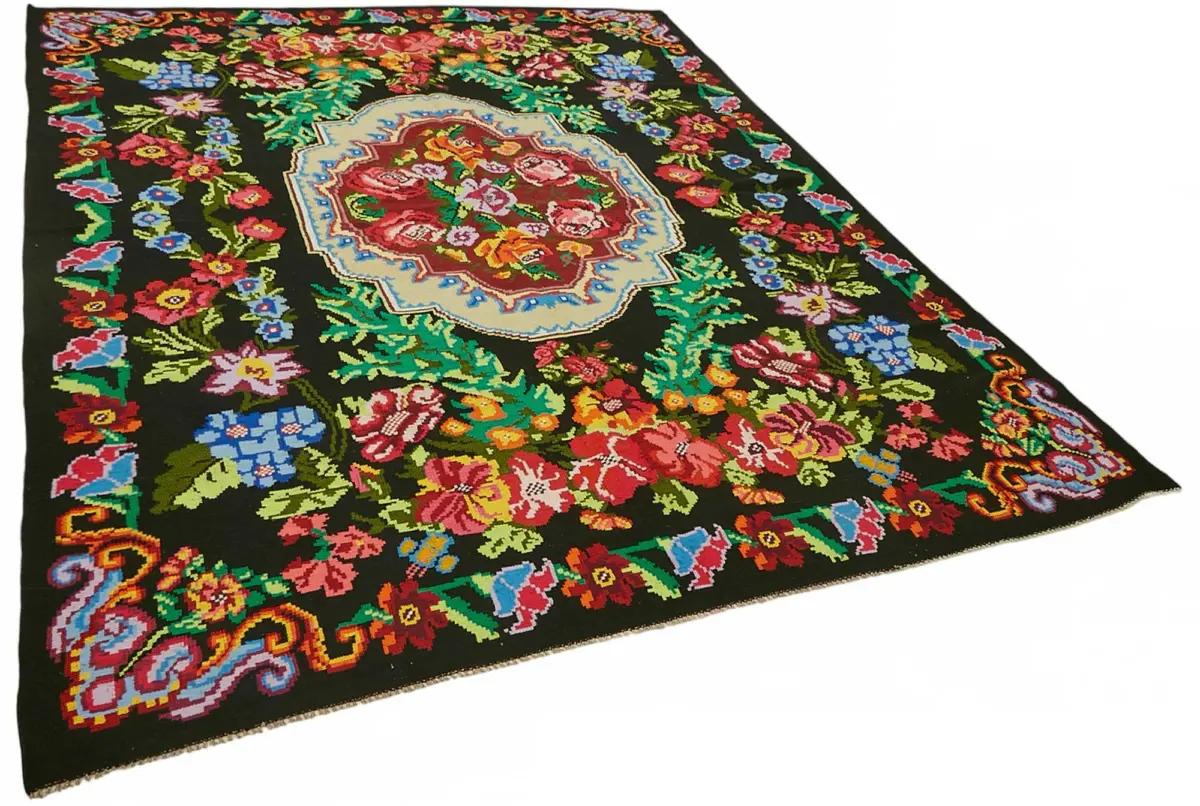 Moldovian Klasik Göbekli Siyah Pamuk Üzerine Yün El Dokuma Kilim-226x292 - Görsel 2