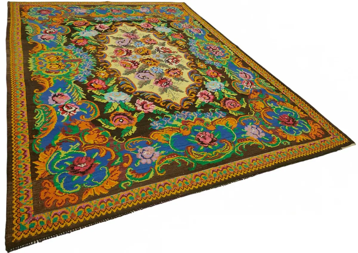 Moldovian Klasik Göbekli Kahverengi Pamuk Üzerine Yün El Dokuma Kilim-224x345 - Görsel 2