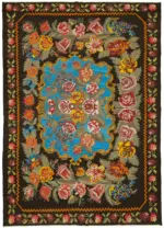 Moldovian Klasik Göbekli Siyah Pamuk Üzerine Yün El Dokuma Kilim-237x345