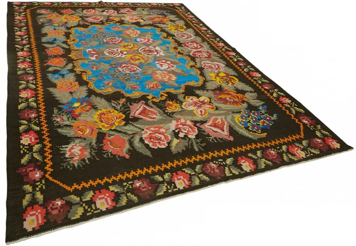 Moldovian Klasik Göbekli Siyah Pamuk Üzerine Yün El Dokuma Kilim-237x345 - Görsel 2
