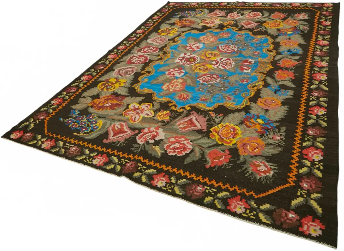 Moldovian Klasik Göbekli Siyah Pamuk Üzerine Yün El Dokuma Kilim-237x345 - Görsel 3