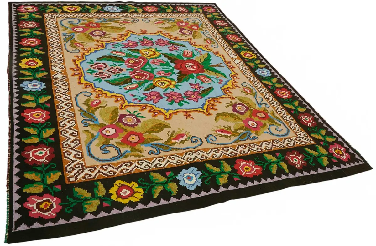 Moldovian Klasik Göbekli Siyah Pamuk Üzerine Yün El Dokuma Kilim-196x243 - Görsel 2