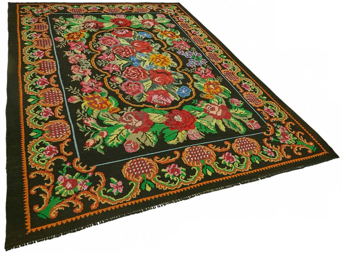 Moldovian Klasik Göbekli Siyah Pamuk Üzerine Yün El Dokuma Kilim-213x315 - Görsel 2