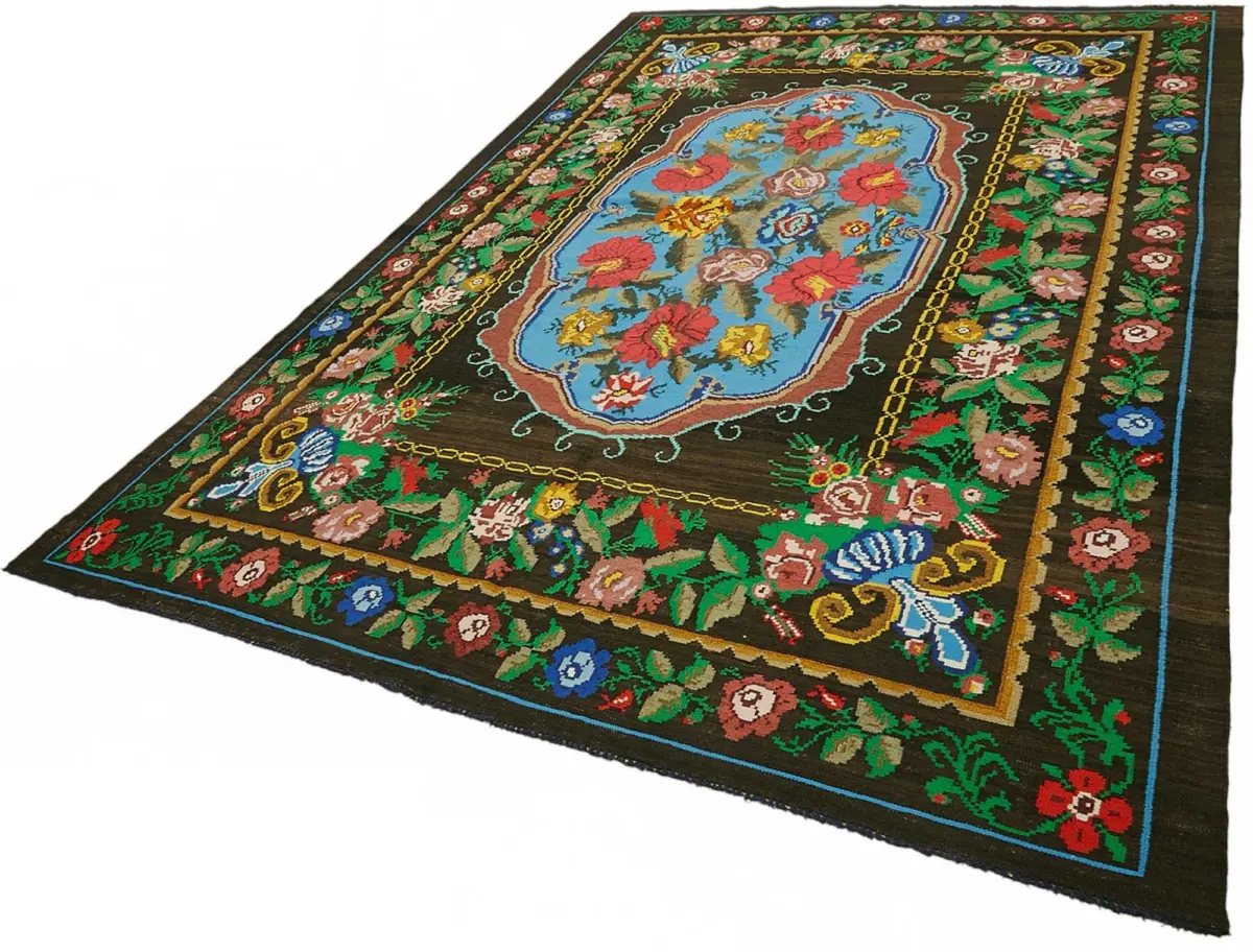 Moldovian Klasik Göbekli Siyah Pamuk Üzerine Yün El Dokuma Kilim-240x373 - Görsel 3