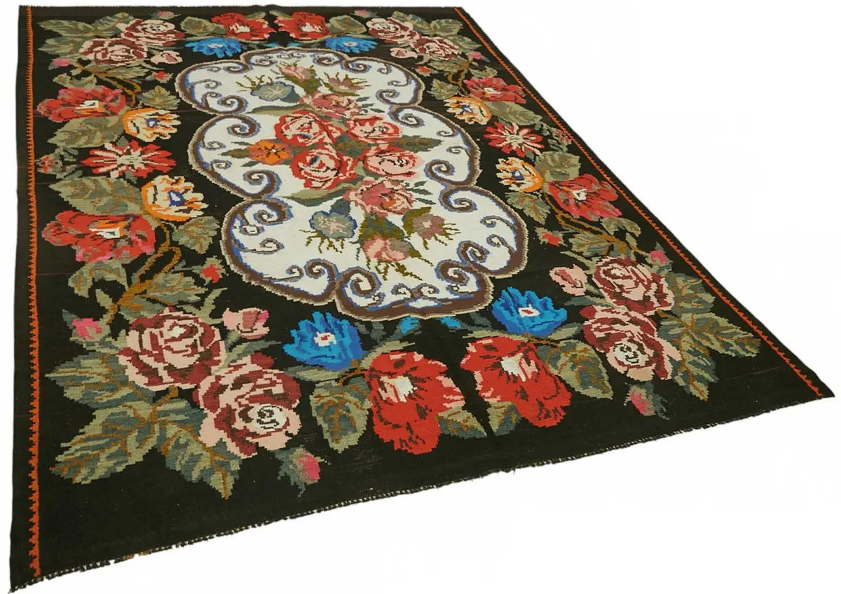 Moldovian Klasik Göbekli Siyah Pamuk Üzerine Yün El Dokuma Kilim-205x292 - Görsel 2