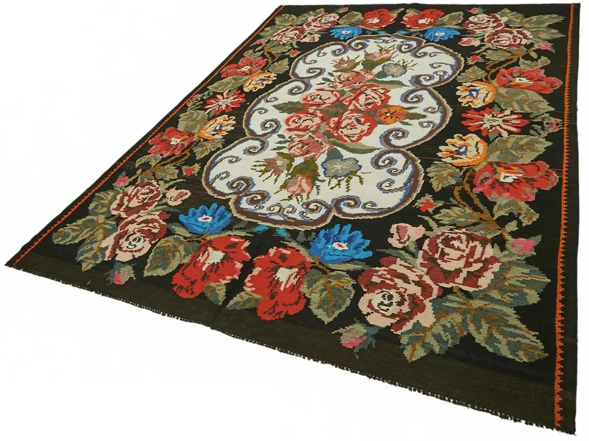 Moldovian Klasik Göbekli Siyah Pamuk Üzerine Yün El Dokuma Kilim-205x292 - Görsel 3