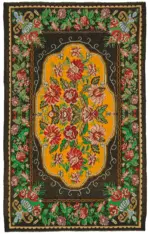 Moldovian Klasik Göbekli Siyah Pamuk Üzerine Yün El Dokuma Kilim-207x324