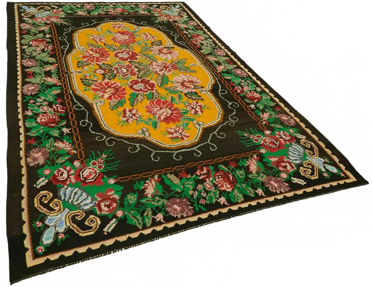 Moldovian Klasik Göbekli Siyah Pamuk Üzerine Yün El Dokuma Kilim-207x324 - Görsel 2