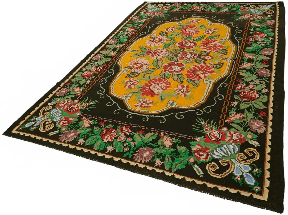 Moldovian Klasik Göbekli Siyah Pamuk Üzerine Yün El Dokuma Kilim-207x324 - Görsel 3