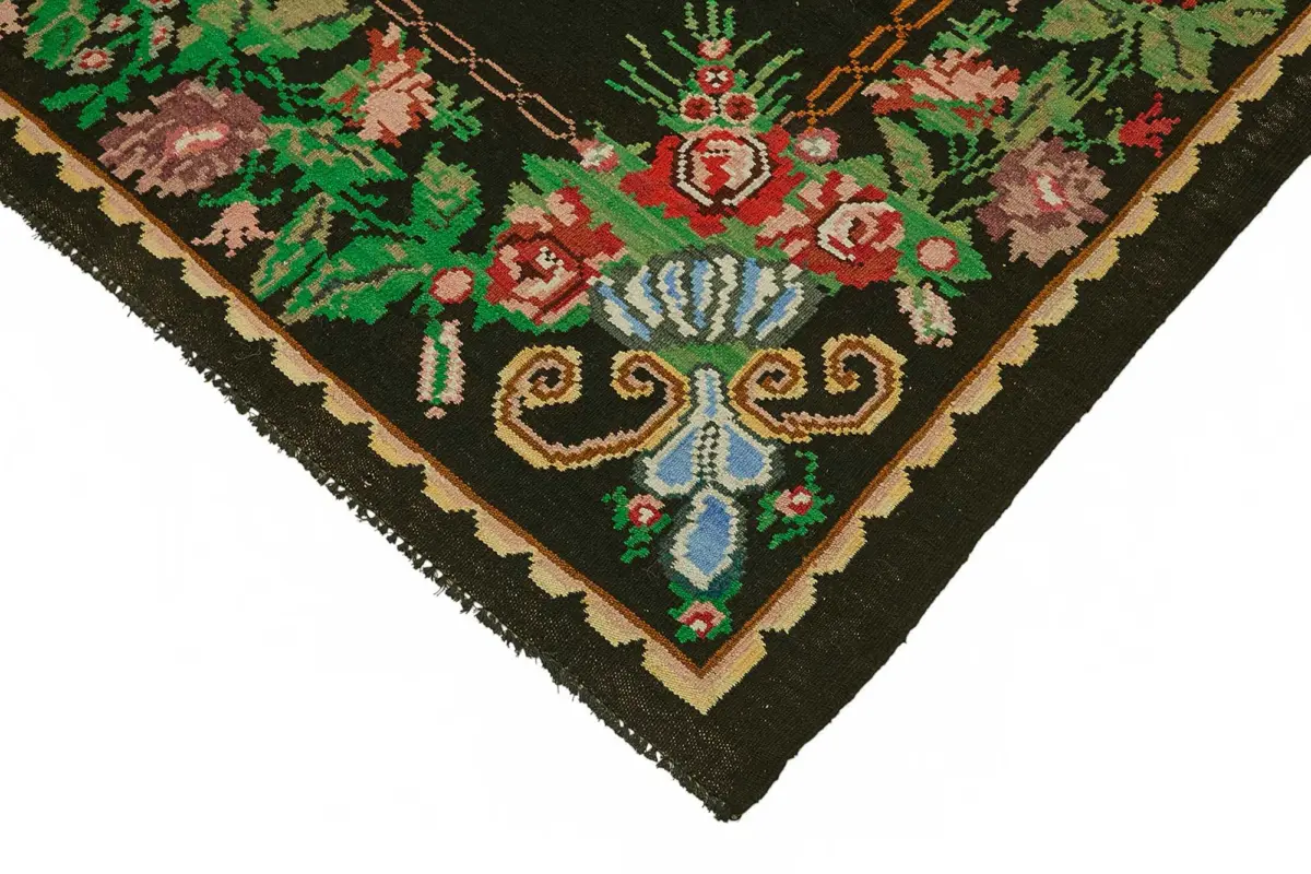 Moldovian Klasik Göbekli Siyah Pamuk Üzerine Yün El Dokuma Kilim-207x324 - Görsel 4