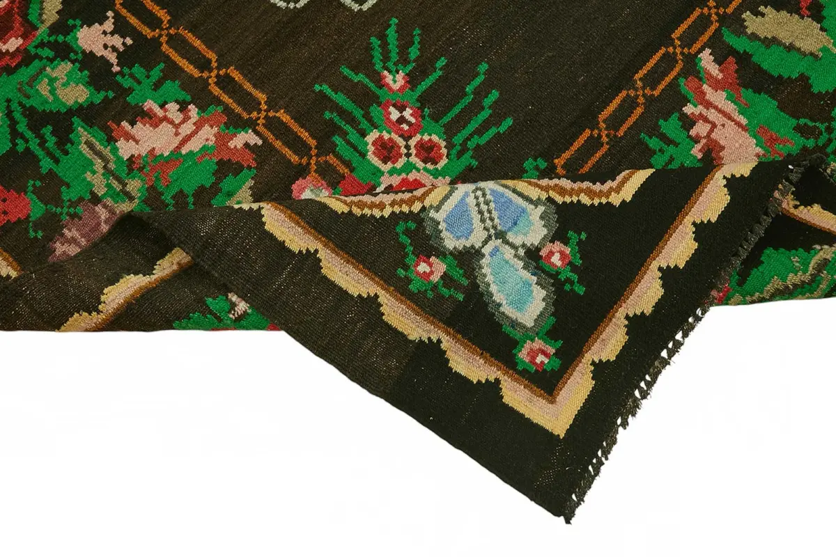 Moldovian Klasik Göbekli Siyah Pamuk Üzerine Yün El Dokuma Kilim-207x324 - Görsel 6