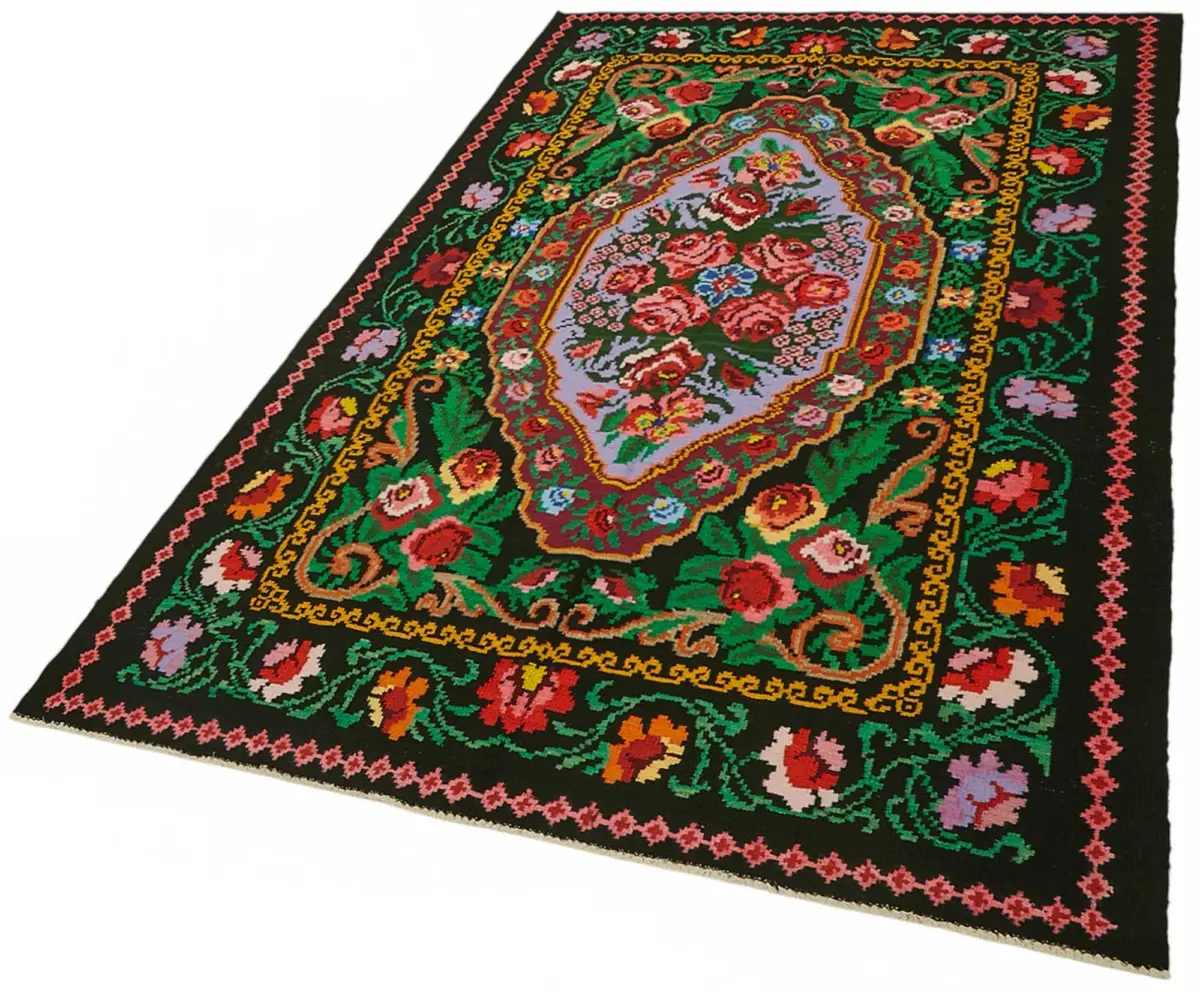 Moldovian Klasik Göbekli Siyah Pamuk Üzerine Yün El Dokuma Kilim-151x246 - Görsel 3