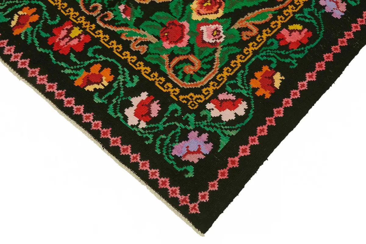 Moldovian Klasik Göbekli Siyah Pamuk Üzerine Yün El Dokuma Kilim-151x246 - Görsel 4