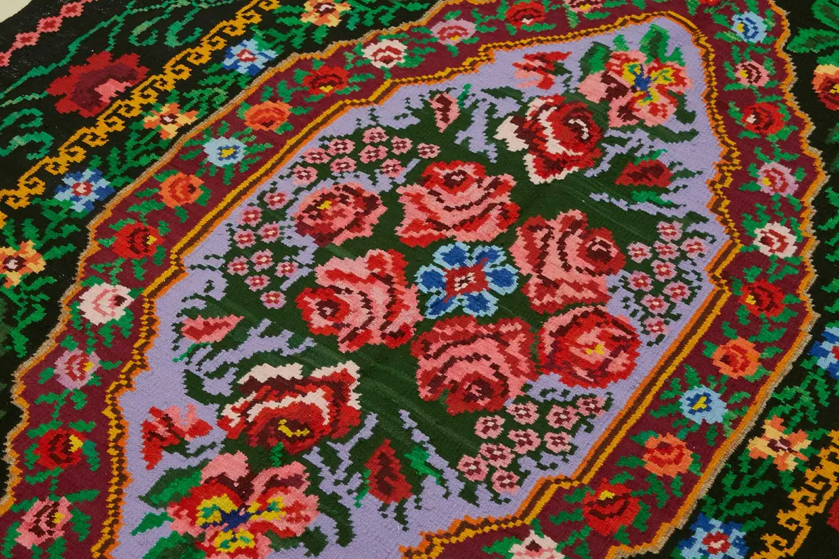 Moldovian Klasik Göbekli Siyah Pamuk Üzerine Yün El Dokuma Kilim-151x246 - Görsel 5