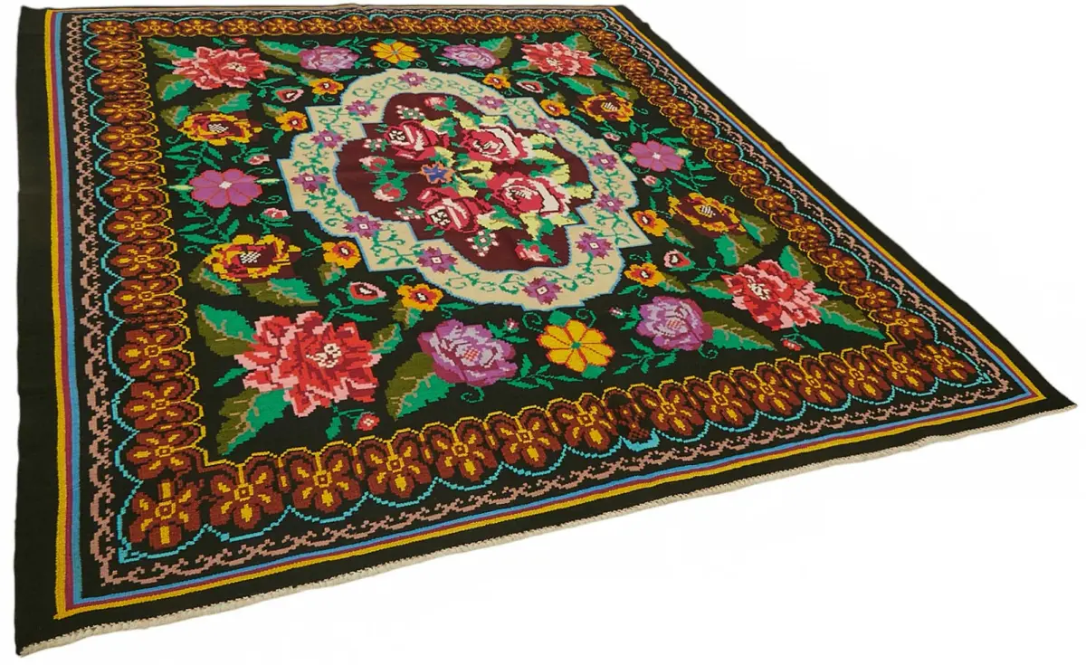Moldovian Klasik Göbekli Siyah Pamuk Üzerine Yün El Dokuma Kilim-218x255 - Görsel 2